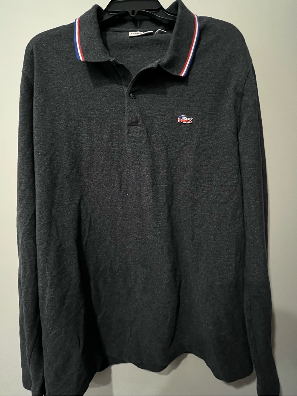 Lacoste Men's Charcoal Long-Sleeve Polo with Tricolor Collar